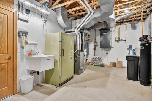 The utility space is loaded with so many great features. Utility sink. High-efficiency Lennox Elite furnace with dual zones. Owned & included water treatment system. Air-exchanger. New well pressure tank. Open trusses. And its so clean.