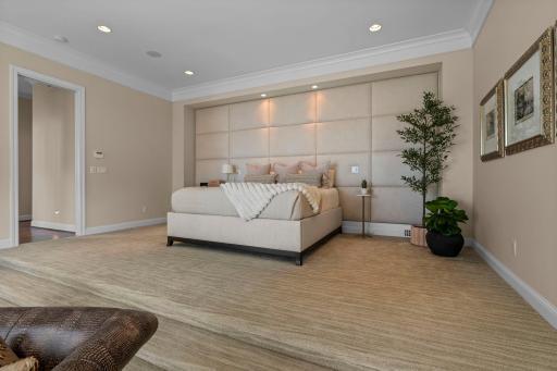 Upper level Primary Suite, wallop linen panels, light and bright, a wall of windows for spectacular views of the lake and sunsets!