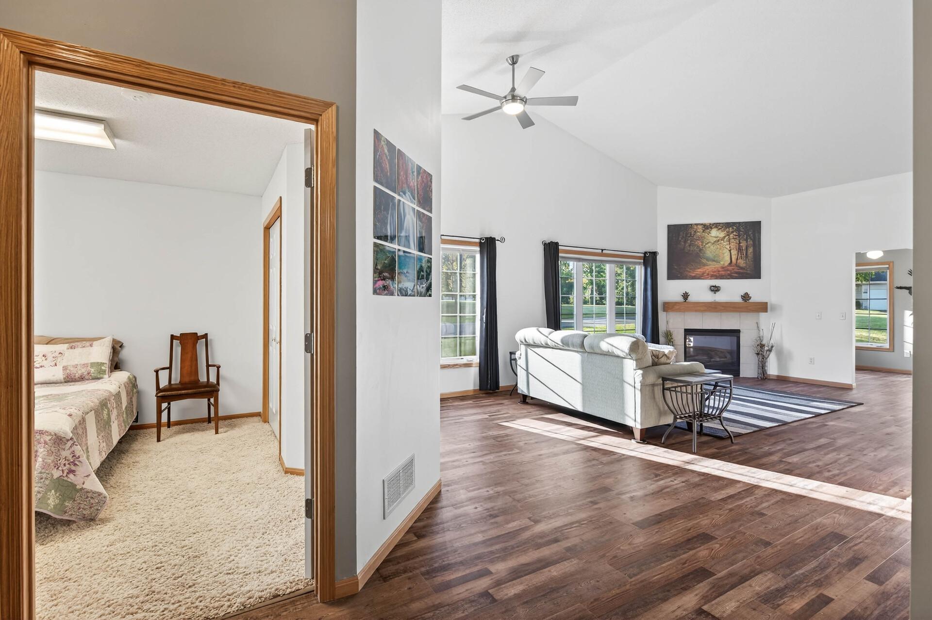 Secondary Bedroom on Left with Great Room on Right.
