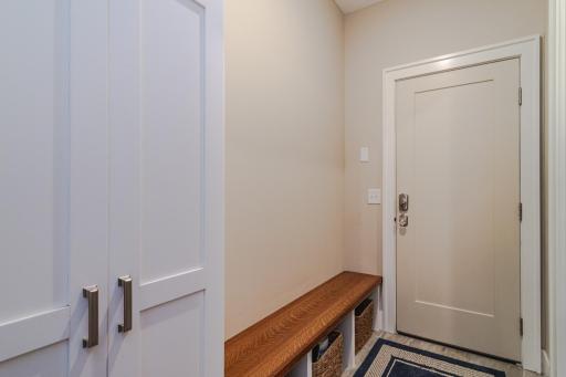 The mud room has a quarter-sawn white oak boot bench.