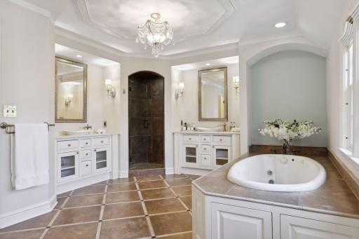 The primary bathroom boasts a soaking tub, dual vanities, a walk in shower, and a private toilet closet.