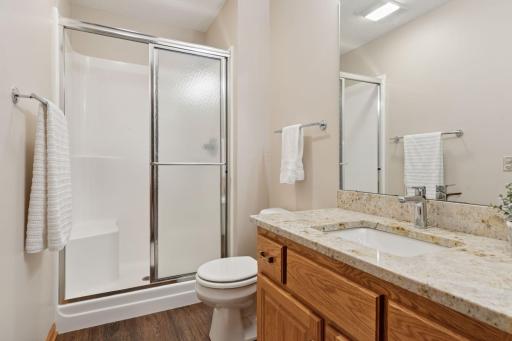 The lower-level features a remodeled 3/4 bathroom complete with granite countertops, a sleek shower, and luxurious in-floor heating for added comfort.