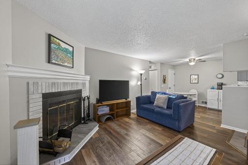 The living area features a wood-burning fireplace.