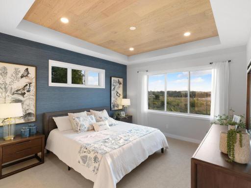 Nicely sized primary suite with inlay ceiling, large window and amazing views.