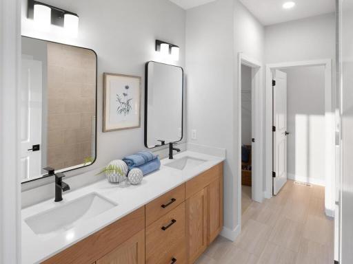 Dual vanity, walk in shower, LVT flooring,