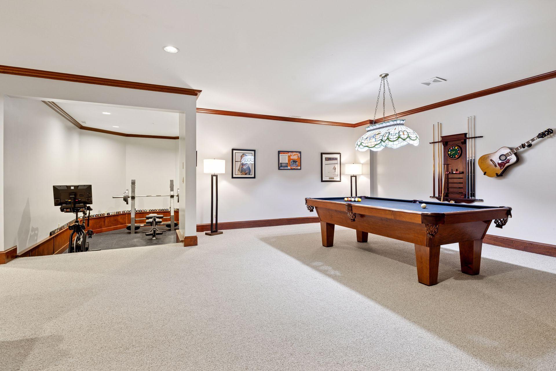 Lower level recreation room and gym