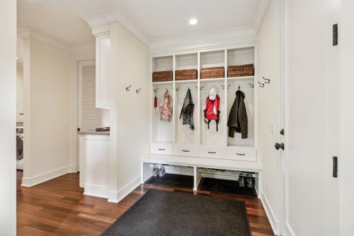 All 4 cubbies have electrical outlets, great for charging computers, heated gloves/vests etc., dedicated drawers and shoe storage.