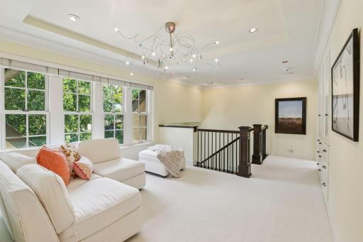 The upper-level loft is a wonderful flex space and has been used for lounging and cartoon watching, story time, and homework stations.