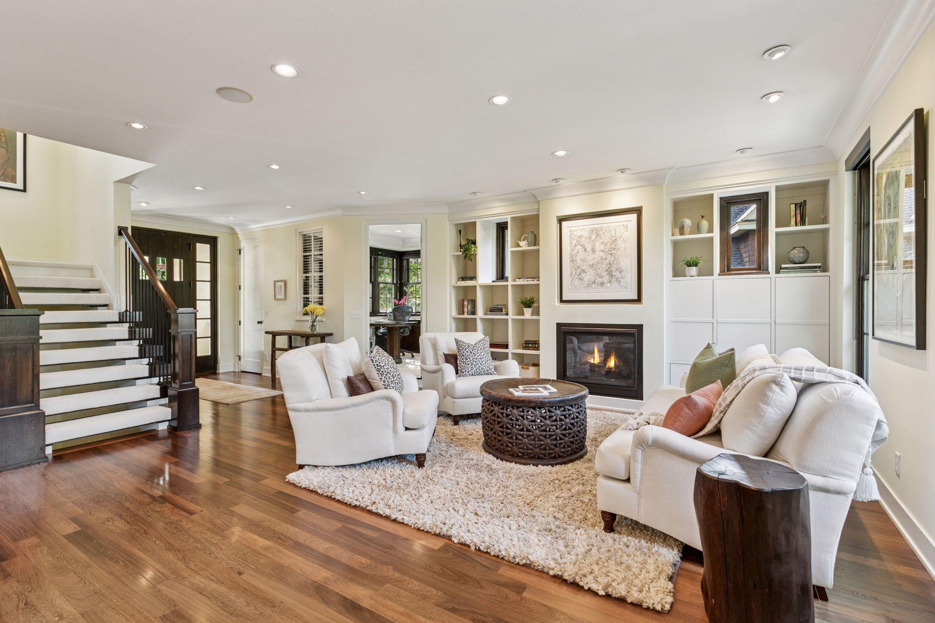 Casual living room with floor to ceiling built-ins