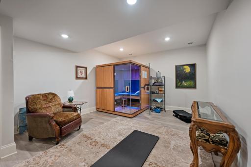 Lower level flex gym room with infrared sauna