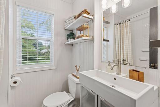 Newly updated main level Full Bath with a window to the private backyard.