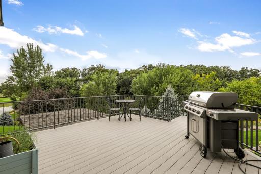 Spacious maintenance-free (Trex) deck off the porch with stairs to backyard