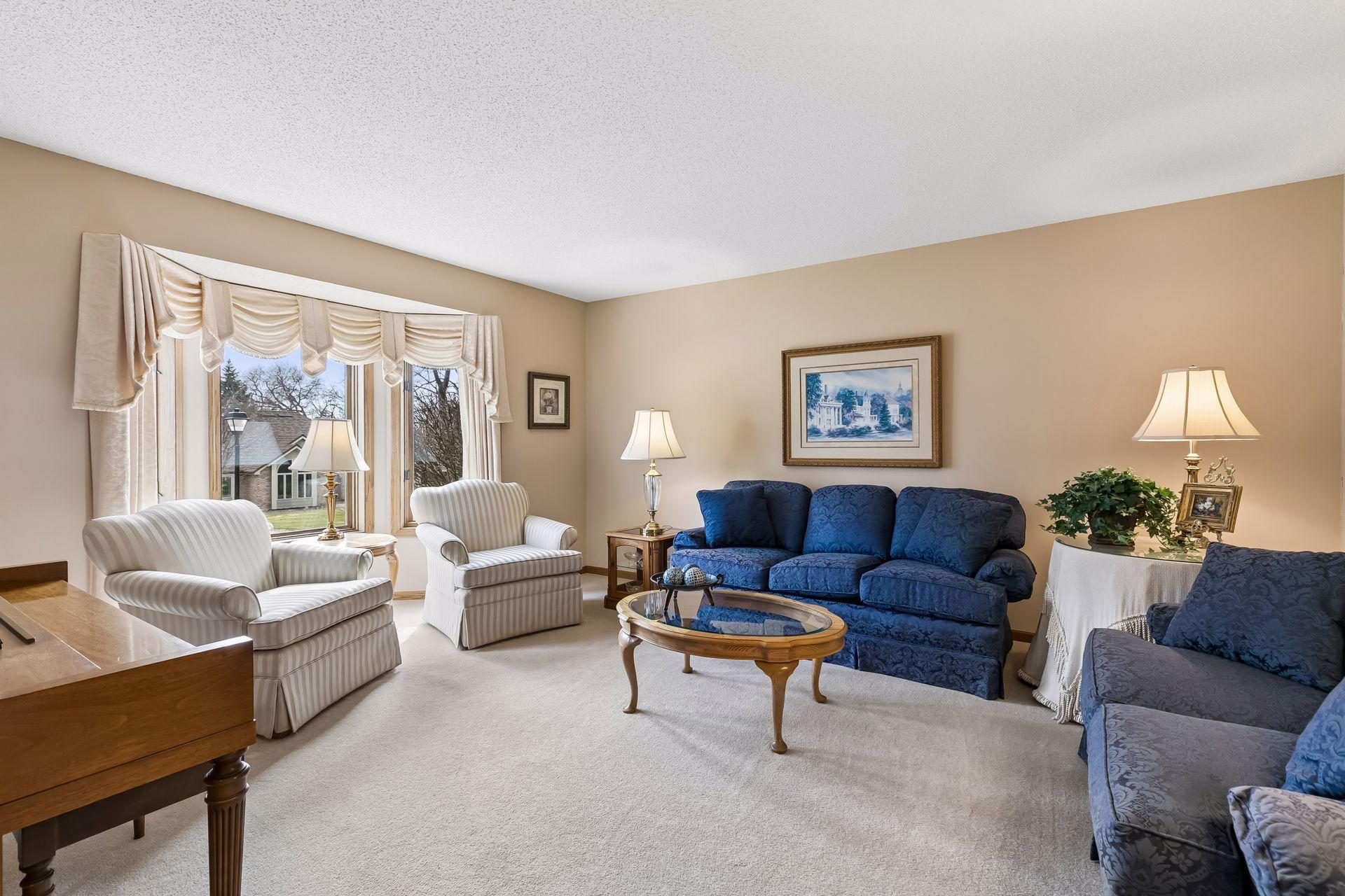 Expansive living room with bay window