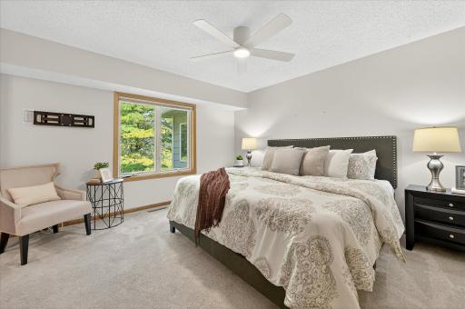 The primary bedrooms is one of two bedrooms on the upper level. The carpet in this room was replaced two years ago.