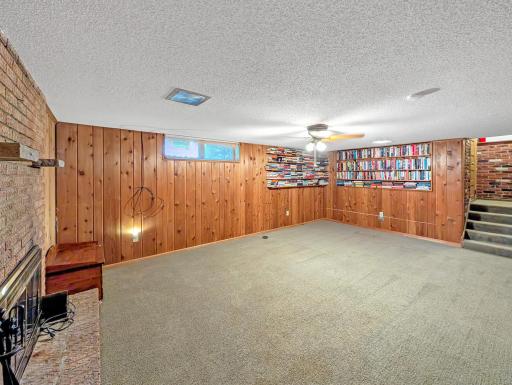 Basement family room with plenty of built-in storage for books and trinkets!