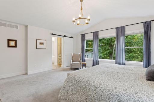Stunning vaulted primary suite overlooking the mature trees of the back yard.