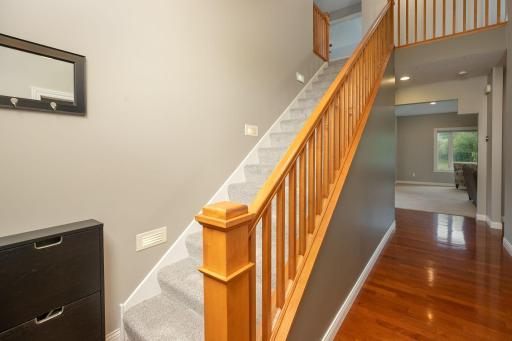Foyer, new carpet on stairs