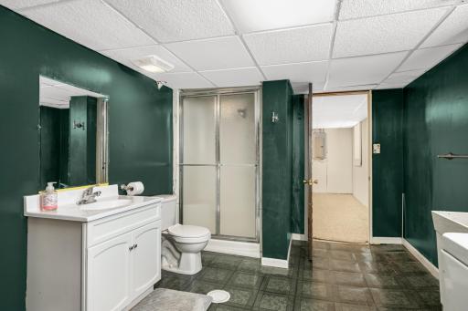 Vanity, sink, step-in shower, and laundry area