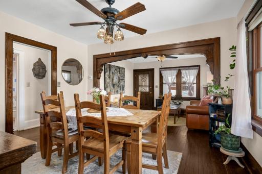 Original trim across living and dining