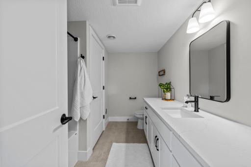 The three bedrooms on the lower level are all serviced by this stylish full bathroom.