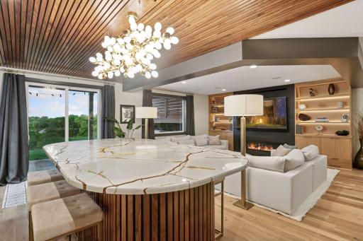 A stunning 6 person bar table with quartzite is the perfect place to gather.