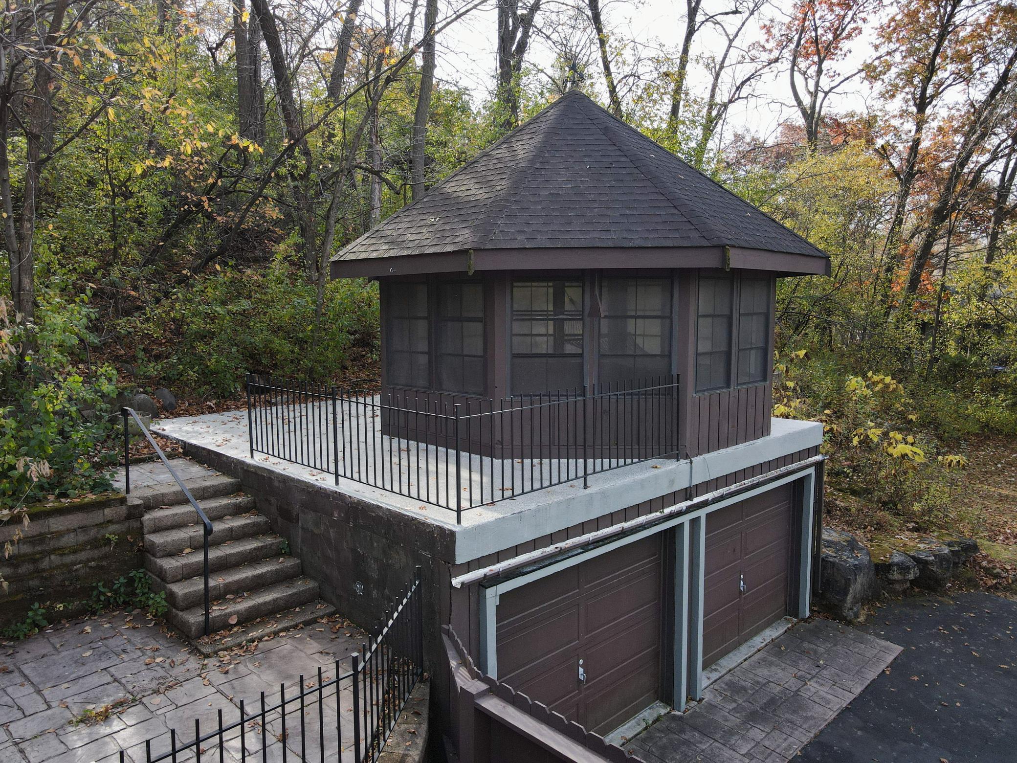 Gazebo sits atop the detached two car garage.