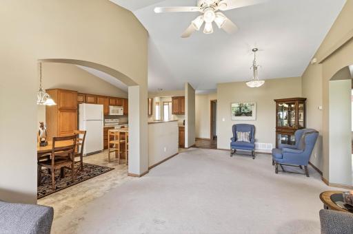 Could use the space to the right as another dining area or keep as another sitting area