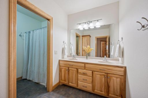 Lower level bathroom has a separate vanity and shower area for multiple guest usage.