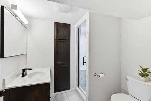 Updated lower level bathroom featuring a refreshed vanity and a tiled walk-in shower.