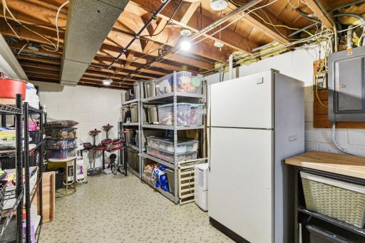 Expansive lower level storage area with shelving and space for organization, hobbies, or seasonal items.