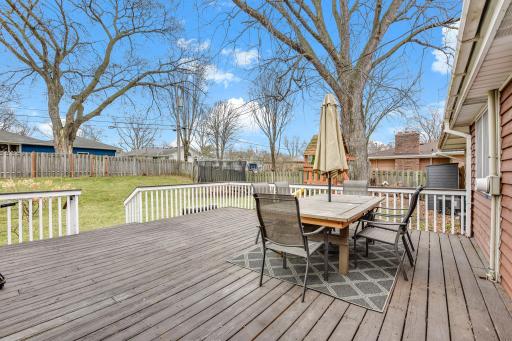 Spacious deck overlooking a fully usable backyard, offering plenty of room for outdoor dining, entertaining, or everyday enjoyment.