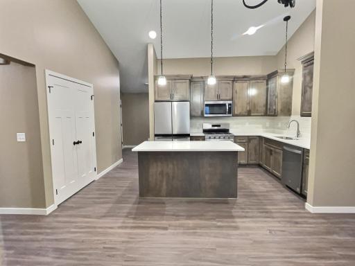 Kitchen opens to the dining and living room. As you see nice walk in pantry and the center island will have quartz counter tops. Photo is from a previous model.