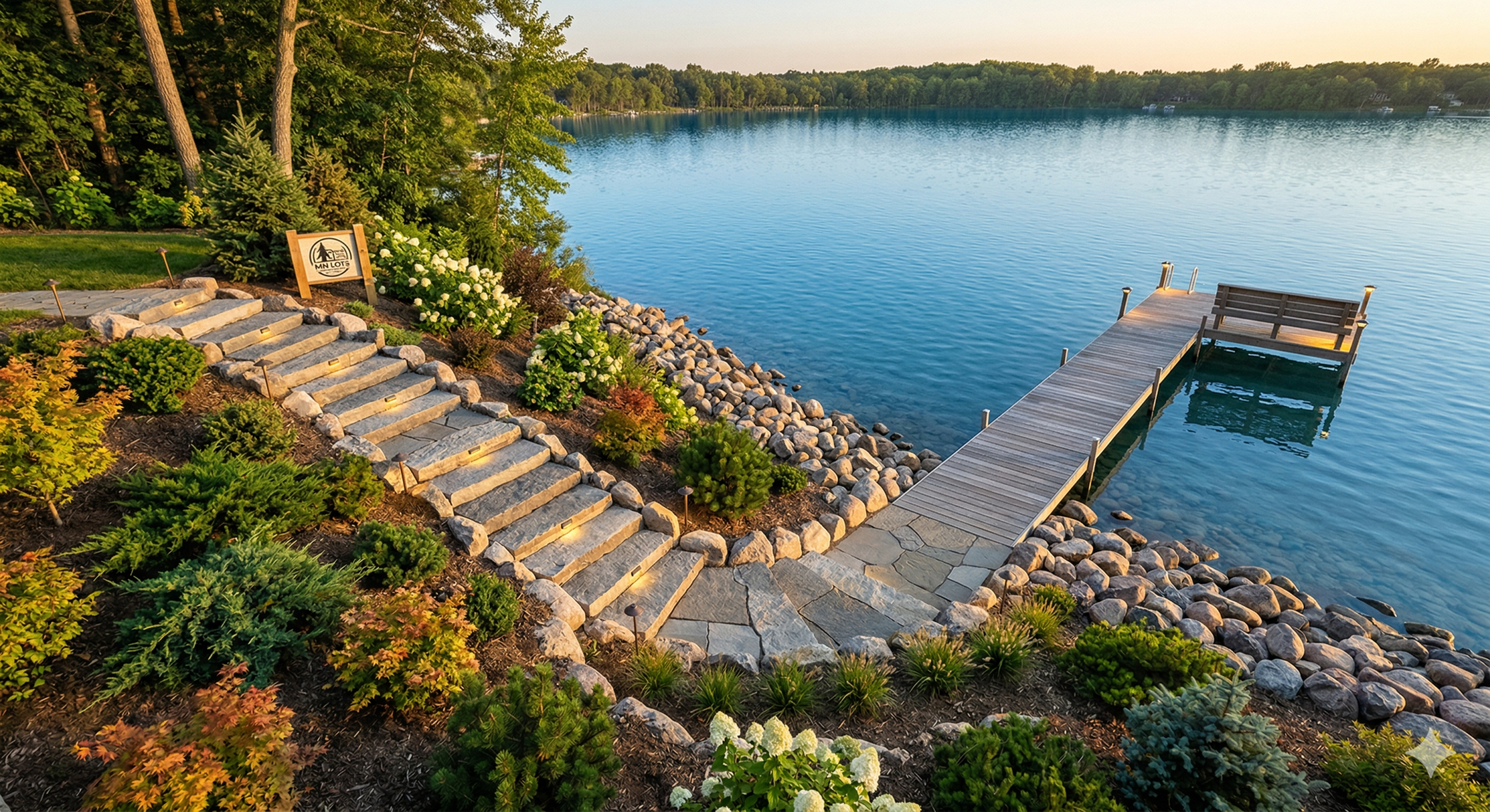 Rendering example (only) of possible Lakeside steps to dock. This example includes rip rap on the frontage at the shore and professionally designed/installed steps meandering down to the dock. Imagine the possibilities!