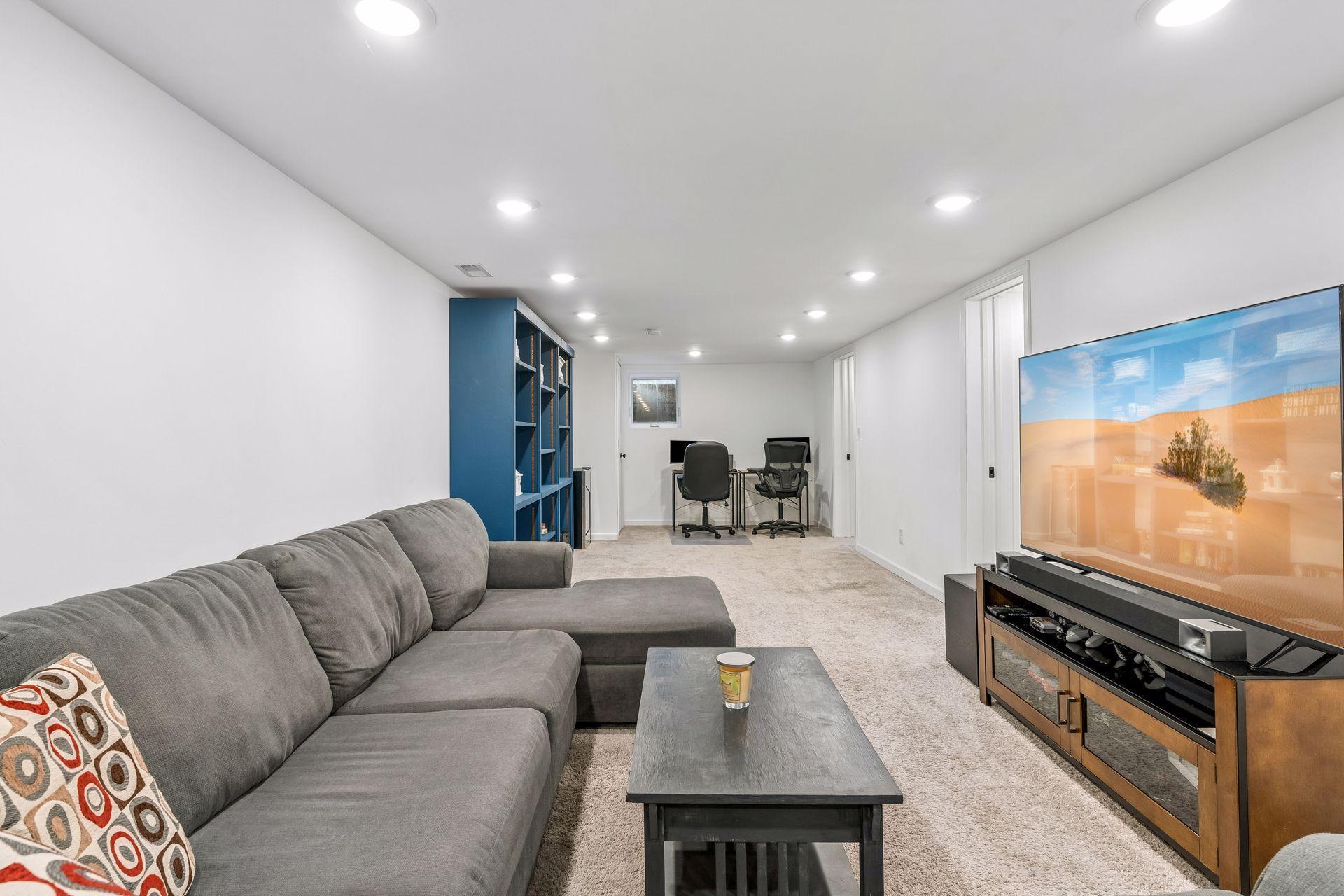 Part of the remodel included the blue built-in/permanent bookcases.