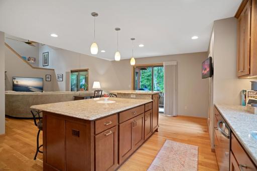 Newly remodeled kitchen overlooks the large family room with vaulted ceilings.