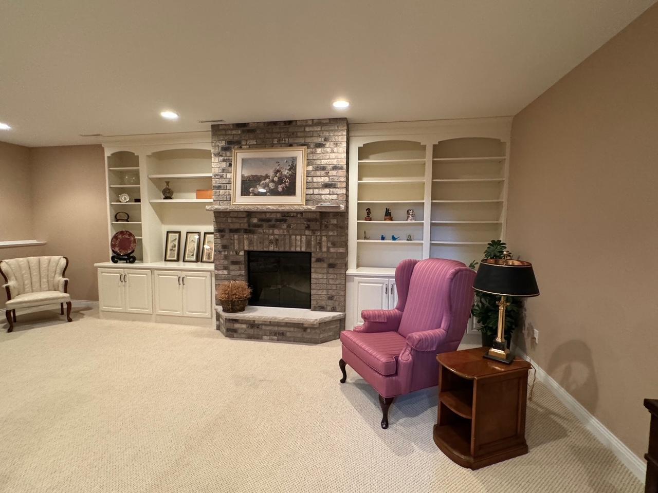 LL Fam brick fireplace, Built ins