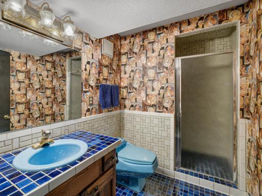 This is the cheery blue bathroom on the lower level!