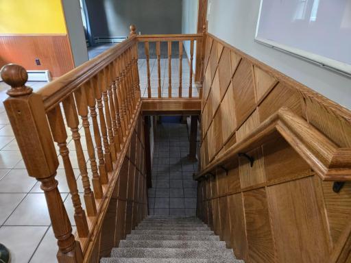 Wood accents on the wall going to the basement, brand new carpet on the stairs just installed!