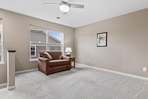Spacious upper-level loft featuring plush carpeting, a ceiling fan, and two large windows that flood the area with natural light. This versatile space offers a perfect secondary living zone, hobby area, or quiet retreat for guests.