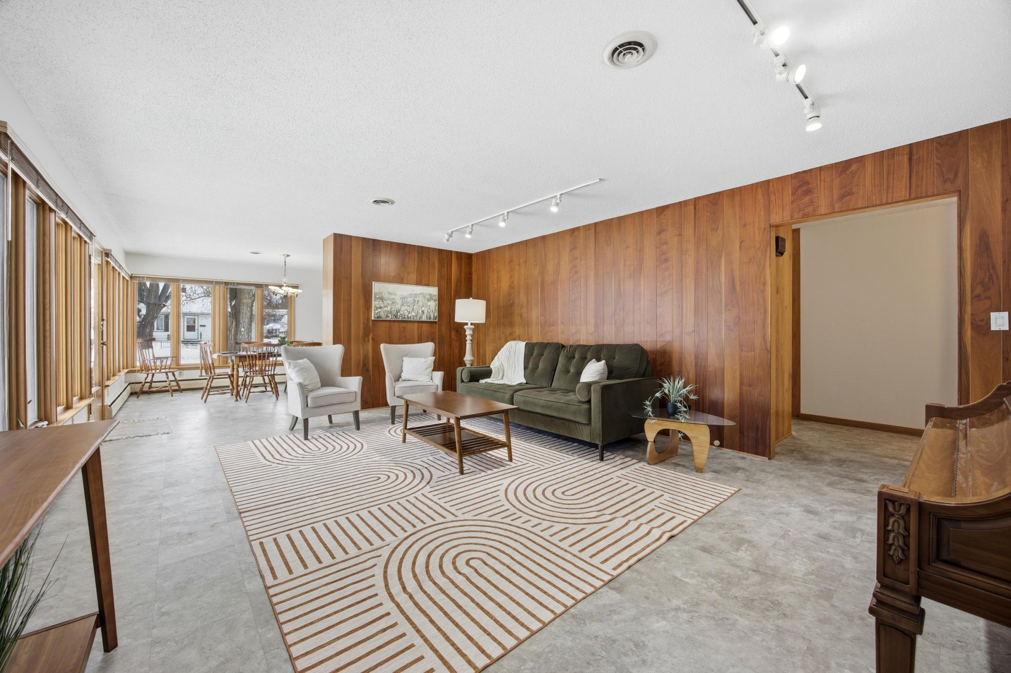 Living Room features gorgeous wood paneling