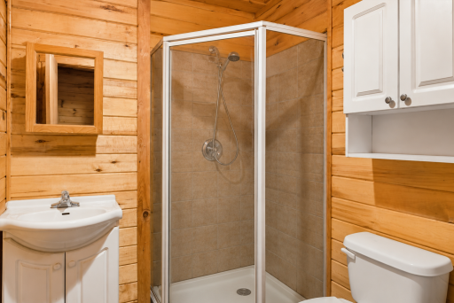 Bathroom with walk-in shower provides practical everyday convenience for full-time living, weekend stays, or guest use.