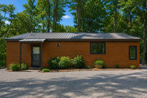Exterior log home view highlights the private wooded setting, landscaped entry, and gravel approach for low-maintenance lake living.