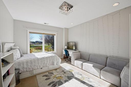 Fifth bedroom on the lower level. The windows throughout the whole house and in the rooms bring in beautiful light and the views of your yard is lovely.