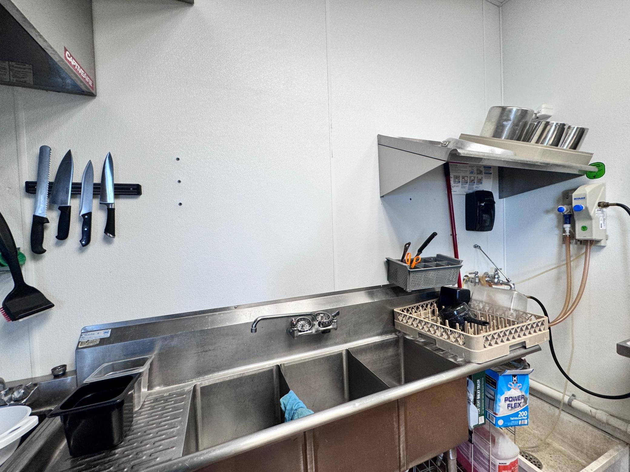 3 compartment sink, mop sink area in the back