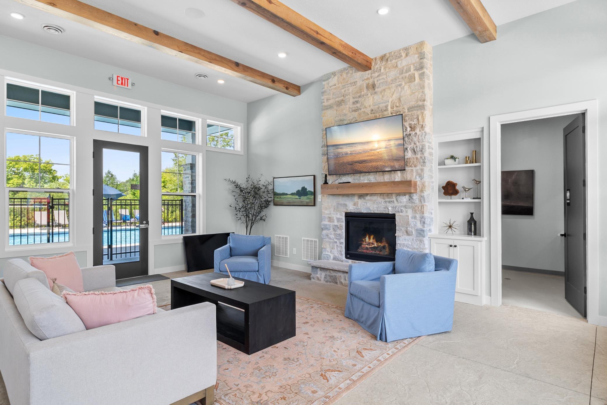 Riverwalk Clubhouse features gathering room, huge kitchen and dining room. For Riverwalk homeowners: reserve for your get-together, event or party!