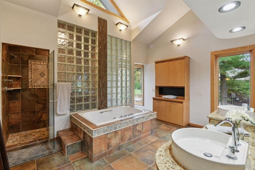 Separate whirlpool tub and walk-in shower with glass block