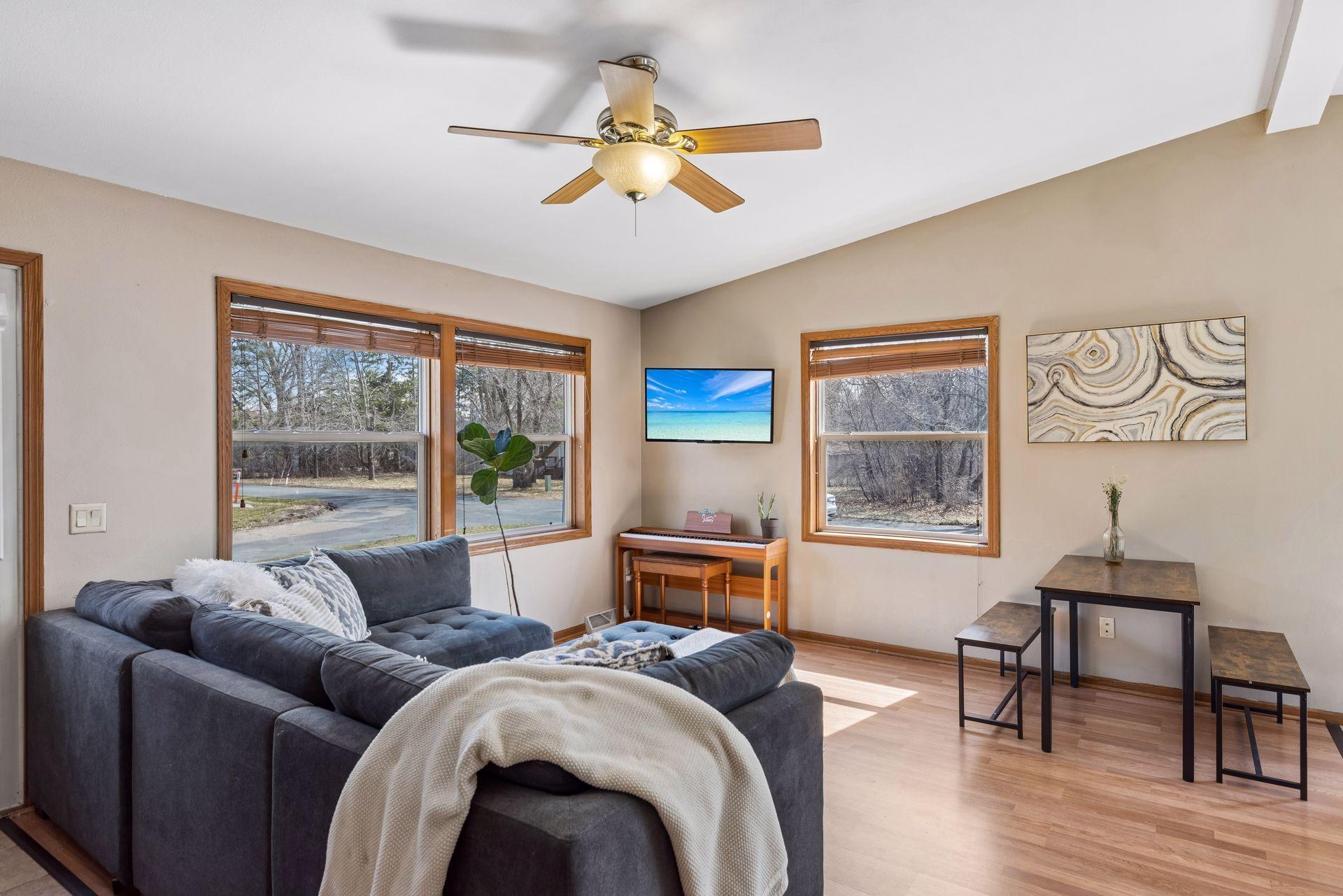 Open, vaulted living room
