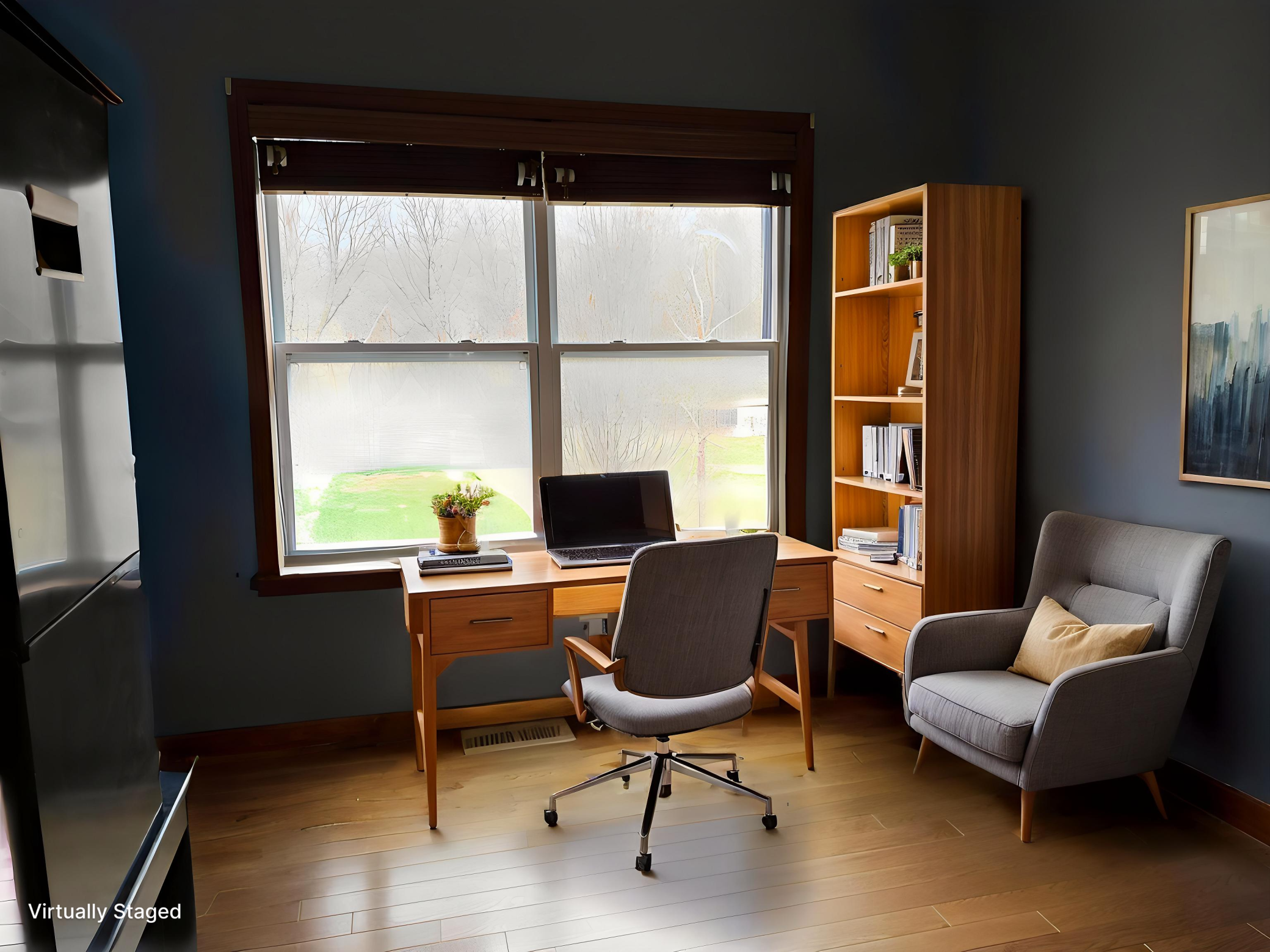 Virtually staged as an office but is a great sun room. Not showing are windows on the left side too.