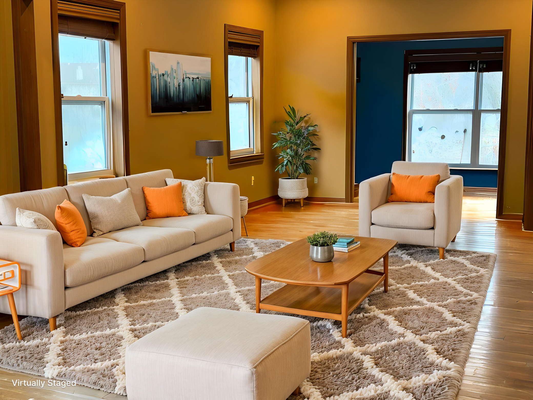 Enormous room virtually staged as living room. Enough room for a large formal dining and living space too.