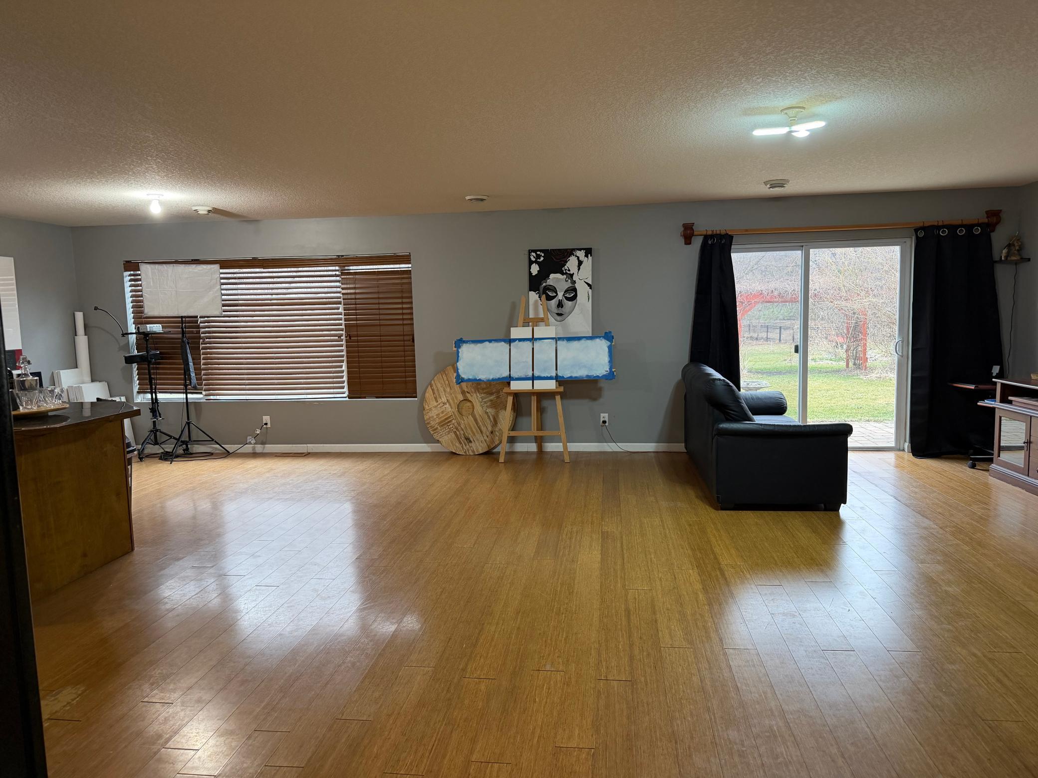 Amusement room down walks out the great back yard